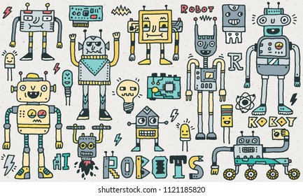 Robots and Computer Hardware Microcontroller. Funny Characters Vector Color Illustration Set 2