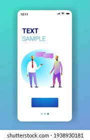 robots couple business characters discussing during meeting artificial intelligence technology chat bubble communication concept smartphone screen mobile app full length vertical