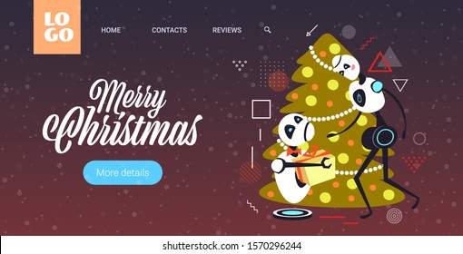robots couple holding gift present box merry christmas happy new year winter holidays celebration artificial intelligence concept horizontal greeting card vector illustration