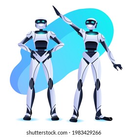 robots couple standing together modern robotic characters team artificial intelligence technology