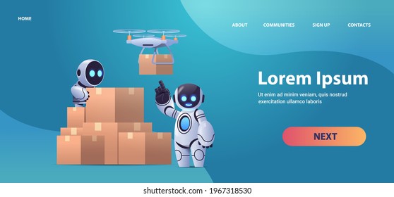 robots couriers near cardboard boxes air mail drone fast delivery service technological shipment artificial intelligence