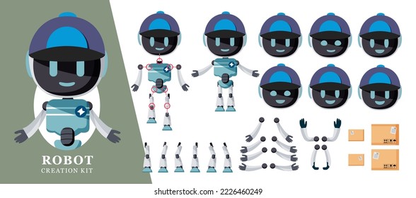 Diseño de conjunto vectorial del kit de creación de robots. Carácter de creador de cabezal y cuerpo robot con tapón de entrega y elementos de cajas para el controlador de servicio de mensajería editable. Ilustración vectorial.
