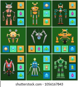 Robots creatures with intellect robots and wheels, screens and radars, different shapes of mechanisms vector illustration isolated on green background