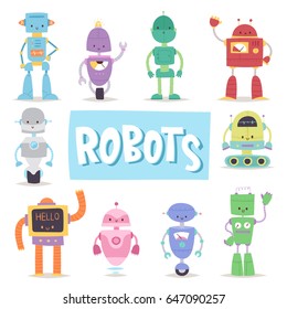 Robots cute vector characters and transformer vector androids retro set cartoon toys character future artificial robotics machine cyborg  illustration