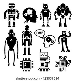 Robots and cyborgs, androids and artificial intelligence vector icons. Machine cyborgs with artificial intelligence and toy androids with 