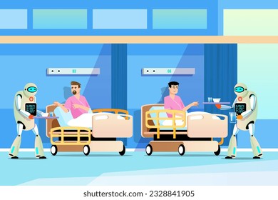 Robots deliver medicines and food in the hospital room. Robots and patients in hospital vector illustration. Robots doctor, nurse and patient with disease in bed.