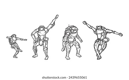 Robots in different pose hand drawn set outline illustration. Mechanical and AI cybernetic character ready for autonomy work and dance. Pen drawing android mechanic assistants in various postures.