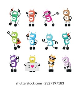 Robots in different positions. Funny and cute illustration