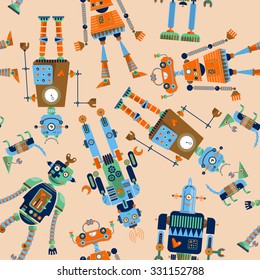 Robots of different shapes and multiple collors. Seamless background pattern. Vector illustration