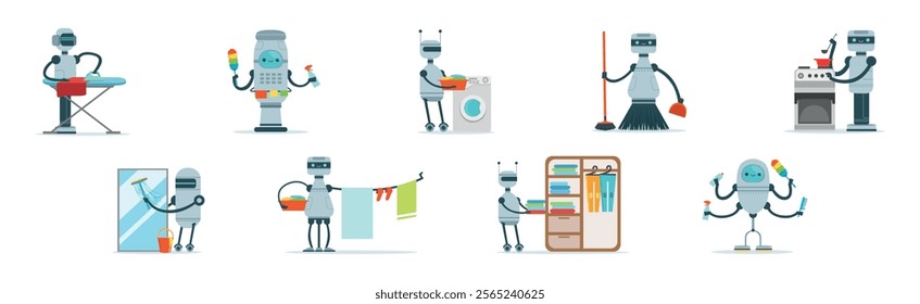 Robots Do Housework and Domestic Chores Vector Set