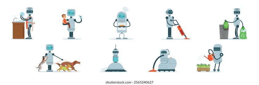 Robots Do Housework and Domestic Chores Vector Set