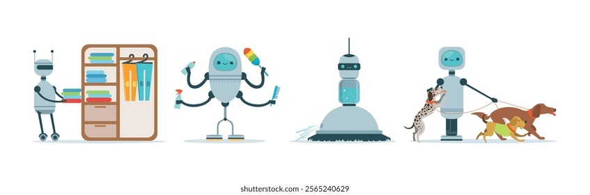 Robots Do Housework and Domestic Chores Vector Set