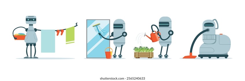 Robots Do Housework and Domestic Chores Vector Set