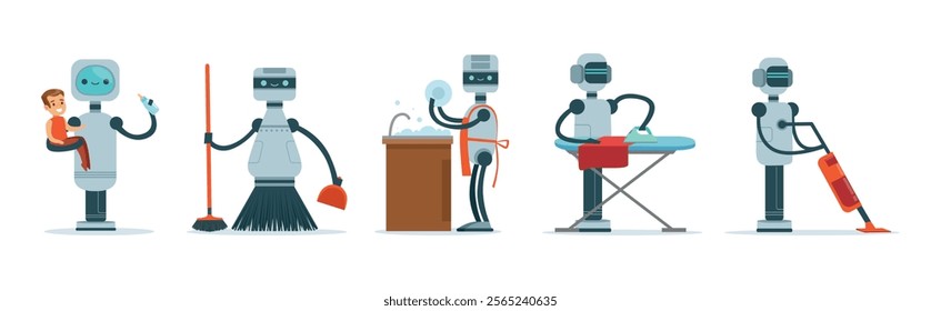 Robots Do Housework and Domestic Chores Vector Set