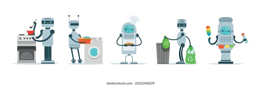 Robots Do Housework and Domestic Chores Vector Set