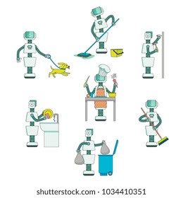 Robots do housework - wash dishes and floor, cook, take garbage out, walk the dog, drive nails into wall, flat vector illustration isolated on white background. Robots do routine chores, housework