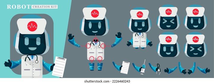 Robots doctor creator kit vector set. Robot doctors editable character kit in medical uniform for pose and gesture body creation design. Vector illustration.
