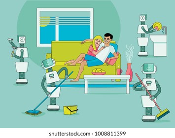 Robots Doing Housework - Washing Dishes, Cleaning House, Driving Nails, Happy People Relax And Do Nothing, Flat Vector Illustration. Robots Free People From Housework, Artificial Intelligence Concept