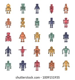 Robots doodle Icons set. Vector illustration with mechanic and elecrtic robots in color doodle style. Technology objects.