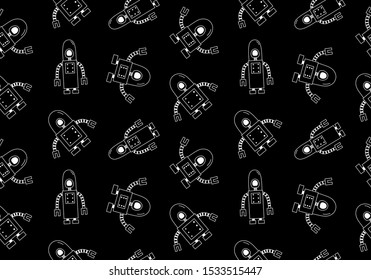 Robots doodle seamless pattern black and white colors vector illustration for kids and baby apparel fashion textile print.