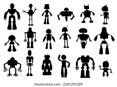 Robots and droids silhouettes, black vector cyborgs. Artificial intelligence androids and humanoids with arms, legs, antennas and wheels. Smart ai bots technology, machines isolated objects set