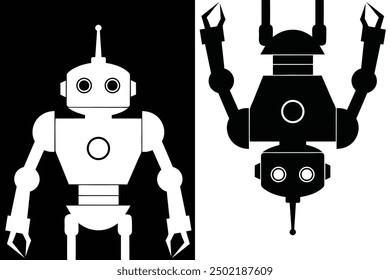 Robots and droids silhouettes, black and white vector cyborgs. Artificial intelligence androids and humanoids with arms, legs and antenna. Vector illustration of Smart ai bots technology, machines iso