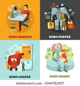 Robots with duties of barman, porter, loader and nanny, hand drawn design concept isolated vector illustration