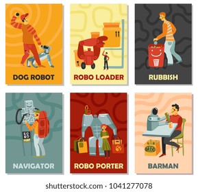 Robots with duties dog, trash can, navigator, barman, porter, vertical cards on color background isolated vector illustration  