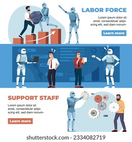 robots employee working, helping with human. robots working in office with staff, labor forces, computer technology artificial inteligence concept. vector cartoon banners