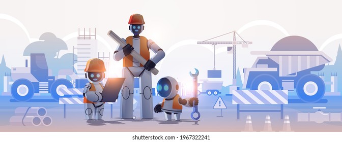 robots engineers in hardhats holding drawings robotic architects with blueprints artificial intelligence technology