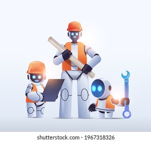 Roboteringenieure, die Konstruktionszeichnungen moderner Roboterarchitekten mit Entwürfen für künstliche Intelligenz besitzen