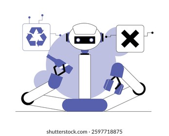 Robots equipped with artificial intelligence can separate waste according to type, semi outline style, vector illustration.