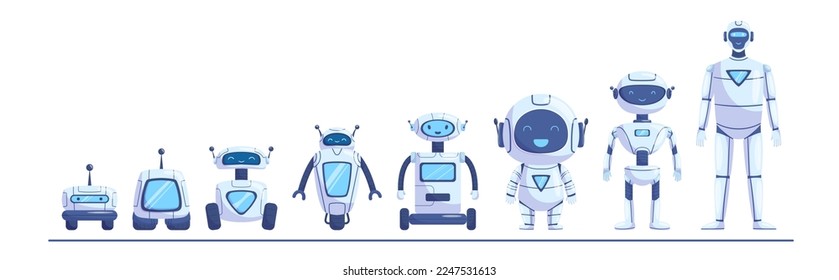 Robots Evolution, Ai Android Engineering Progress, Transformer Bots, Cybernetics Technology. Cyborgs, Futuristic Artificial Intelligence And Smart Computer Robotic Machine. Cartoon Vector Illustration