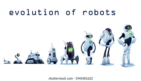 Robots evolution, AI android transformer bots, vector robo cybernetics technology. Robots and cyborgs, futuristic artificial intelligence and smart computer engineering progress, robotic machines