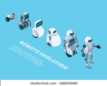 Robots evolution. Androids digital metal characters isometric robotic development vector