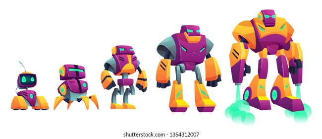 Robots evolution cartoon vector isolated illustration on white background. Robotics technologies progress stages from small droid to flying cyborg. Game character, unit design, level up upgrade