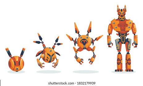 Robots. Evolution of robots concept. Vector isometric robots from simple single-task machine to modern service robotics. Artificial intelligence, alien machine