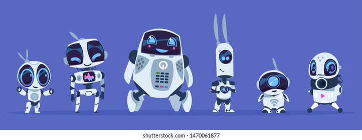 Robots Evolution. Creative Cartoon Characters Of Futuristic Robots, Artificial Intelligence Education Evolution Concept. Vector IT Future Robotics AI Set