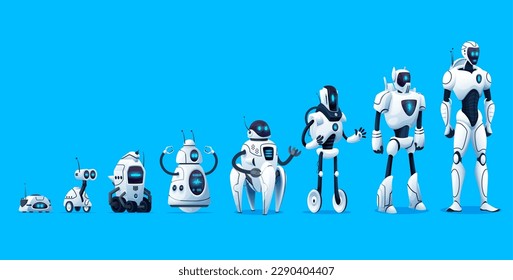 Robots evolution, vector timeline of robotics technology. Progress of mechanical cyborg characters generations changing from primitive to futuristic hi-tech anthropomorphic intelligent machines