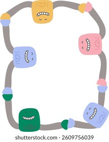 Robots with expressive faces form a rectangular frame in a minimalist cartoon style. Smiling robotic characters connect with flexible arms creating a whimsical border. Cartoon vector illustration.