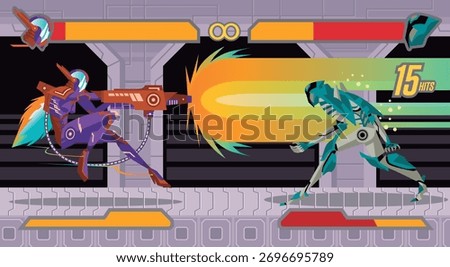 robots fighting videogame with super special power combo