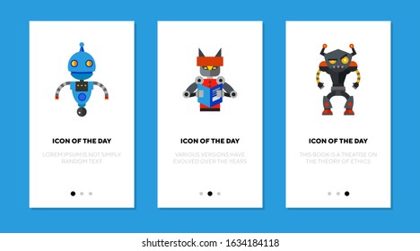 Robots flat icon set. Characters, machines, cyborg isolated sign pack. Robotic, technology, future, engineering concept. Vector illustration symbol elements for web design