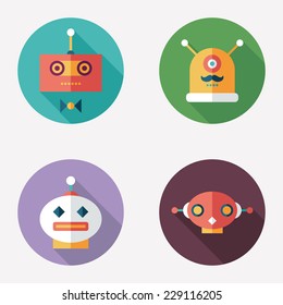 Robots flat round icons with long shadows. Set 12