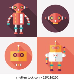 Robots flat square and round icons with long shadows. Set 14