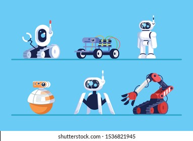 Robots flat vector illustrations set. Droids on wheels, with legs. Smart systems. Machine robotic technology. Plaything gadgets on shelf. Artificial intelligence mechanisms. Cartoon electronic toys