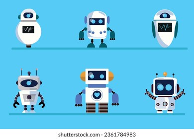 Robots flat vector illustrations set. Droids on wheels, with legs. Smart systems. Machine robotic technology. Plaything gadgets on shelf. Artificial intelligence mechanisms. Cartoon electronic toys
