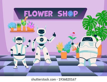 Robots in flower plants shop. Cute digital cyborgs mascots. Flat vector illustration. Futuristic robotic technology concept