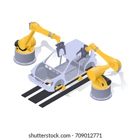 robots form the car body, isometric image on white background