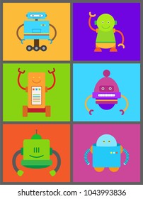 Robots and frames collection, robots of different types with hands, wheels and faces, smiles and emotions vector illustration isolated on multicolor