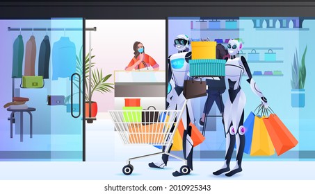 robots with full of purchases trolley cart artificial intelligence technology shopping mall interior